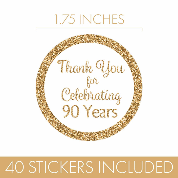90th Birthday: White and Gold  - Adult Birthday -  Round Favor Stickers - 40 Stickers - Distinctivs Party