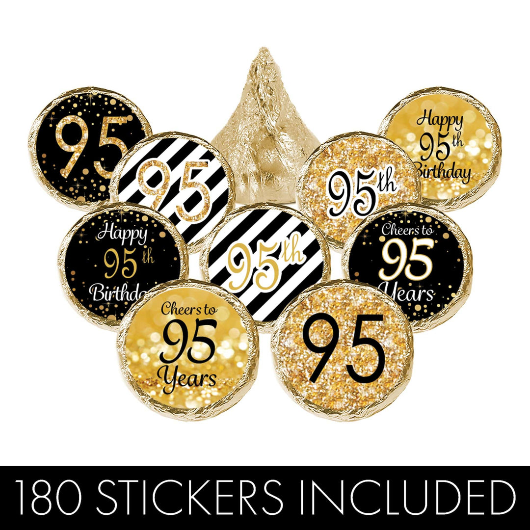 95th Birthday: Black and Gold - Party Favor Stickers - Fits on Hershey's Kisses - 180 Stickers - Distinctivs Party