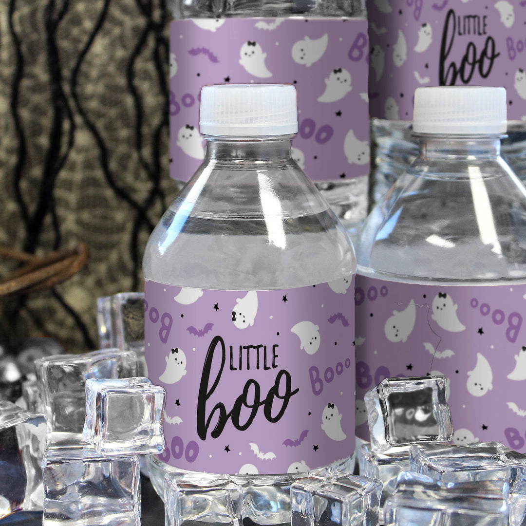 Little Boo: Purple - Girl Baby Shower - Fall Water Bottle Label Stickers - 20 Waterproof Stickers - Distinctivs Party