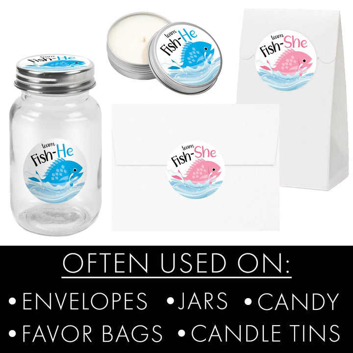 Fishing Baby Gender Reveal Party -Team Fish-He or Fish-She Stickers - 40 Stickers - Distinctivs Party