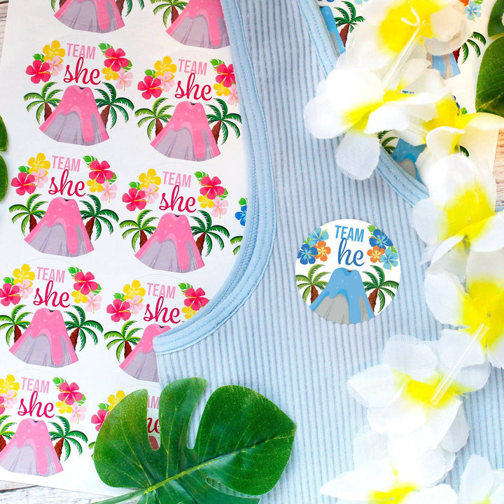 Hawaiian Luau: Gender Reveal Party - Team He and Team She Voting Stickers - 40 Stickers - Distinctivs Party
