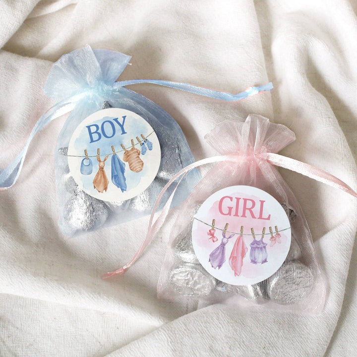 Baby Clothesline: Gender Reveal Party - Girl or Boy - 40 Stickers - Distinctivs Party