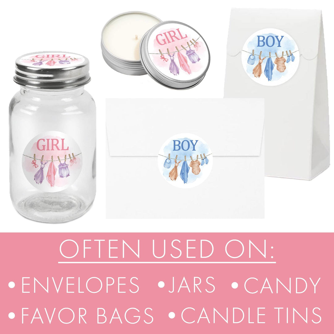 Baby Clothesline: Gender Reveal Party - Girl or Boy - 40 Stickers - Distinctivs Party