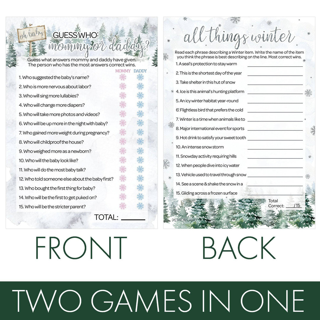 Baby It's Cold Outside Evergreen: Winter Baby Shower Game - "Guess Who" Mommy or Daddy and All Things Winter- Two Game Bundle - 20 Dual Sided Cards - Distinctivs Party