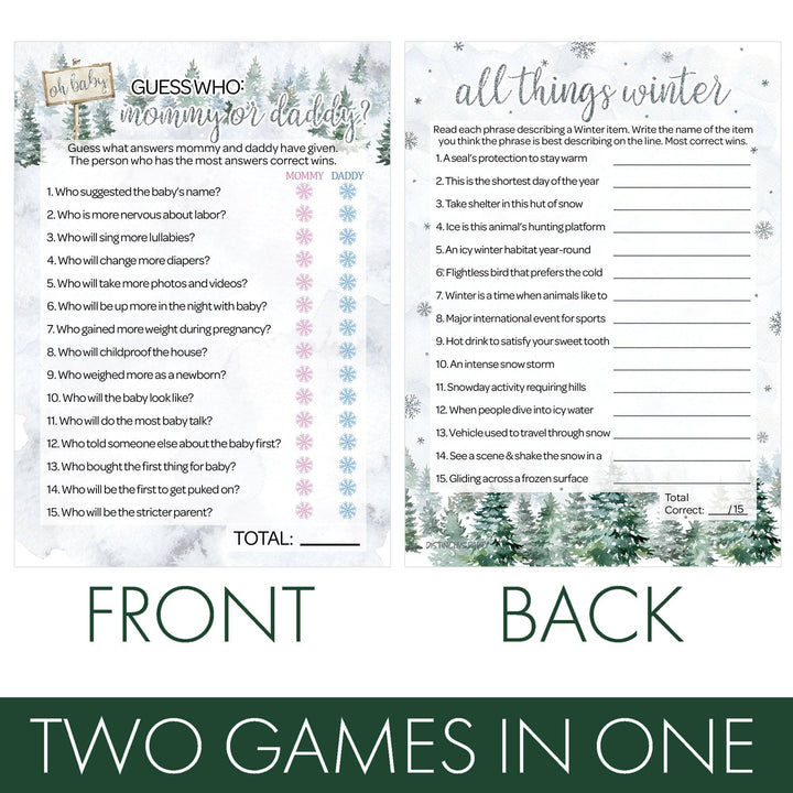 Baby It's Cold Outside Evergreen: Winter Baby Shower Game - "Guess Who" Mommy or Daddy and All Things Winter- Two Game Bundle - 20 Dual Sided Cards - Distinctivs Party
