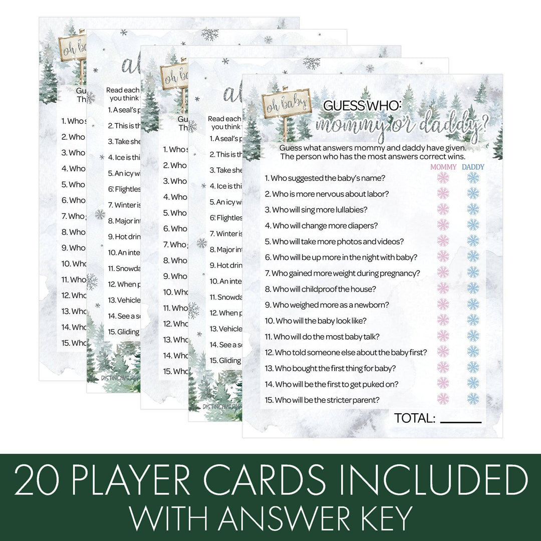 Baby It's Cold Outside Evergreen: Winter Baby Shower Game - "Guess Who" Mommy or Daddy and All Things Winter- Two Game Bundle - 20 Dual Sided Cards - Distinctivs Party