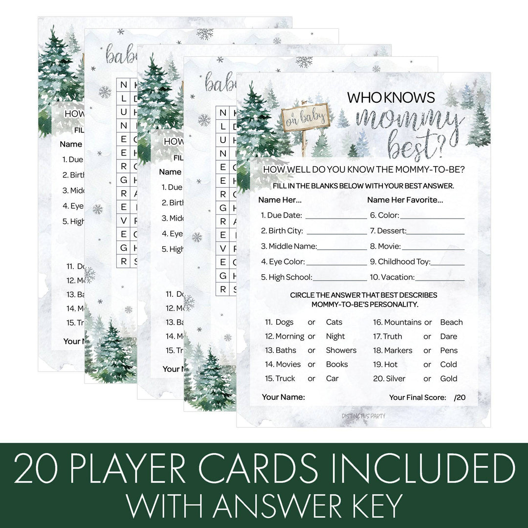 Baby It's Cold Outside Evergreen: Winter Baby Shower Game  - Word Search and Who Knows Mommy Best - Two Game Bundle - 20 Dual Sided Cards - Distinctivs Party