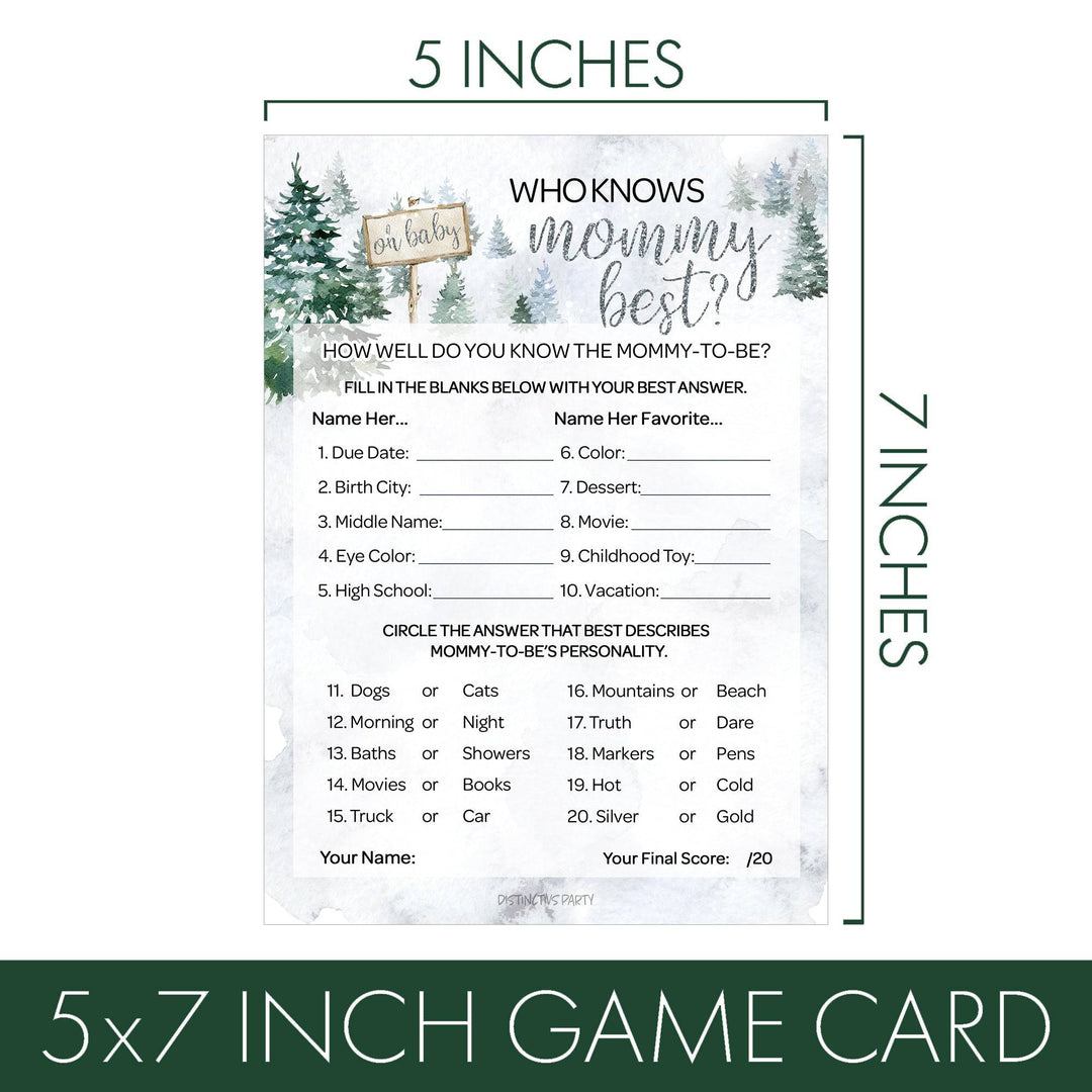 Baby It's Cold Outside Evergreen: Winter Baby Shower Game  - Word Search and Who Knows Mommy Best - Two Game Bundle - 20 Dual Sided Cards - Distinctivs Party