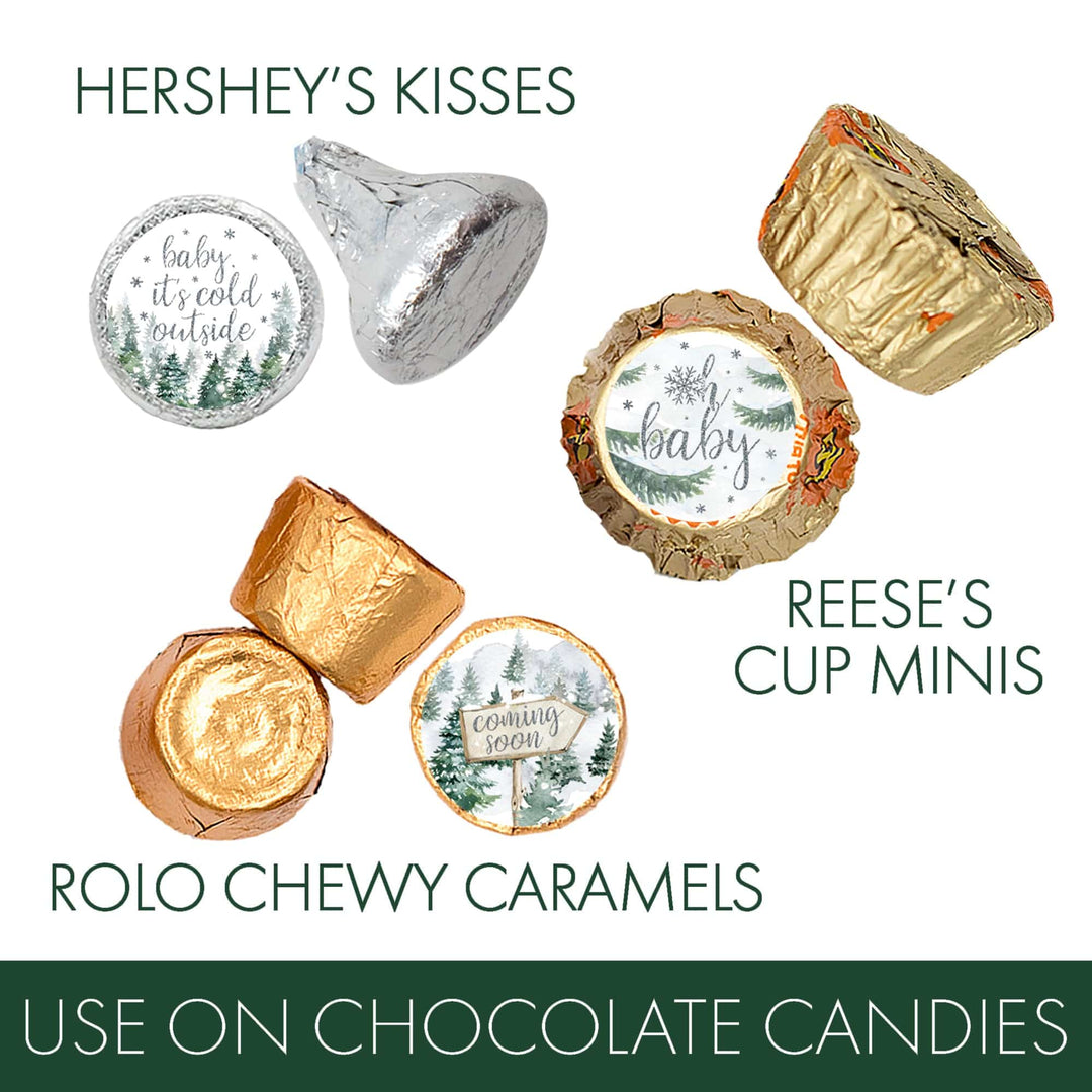 Baby It's Cold Outside Evergreen: Winter Baby Shower - Party Favor Stickers - Fits on Hershey's Kisses - 180 Stickers - Distinctivs Party