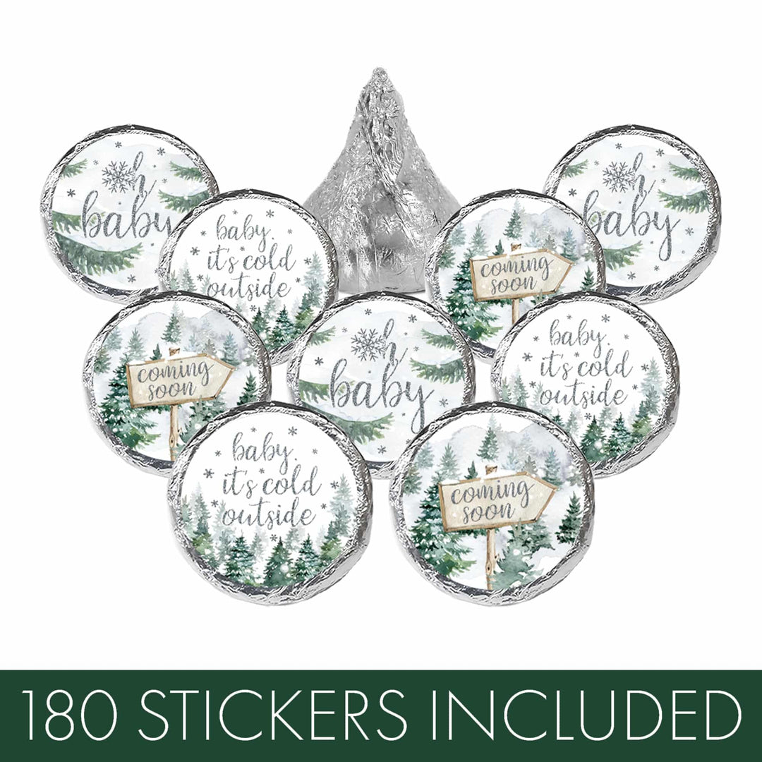 Baby It's Cold Outside Evergreen: Winter Baby Shower - Party Favor Stickers - Fits on Hershey's Kisses - 180 Stickers - Distinctivs Party