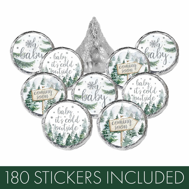 Baby It's Cold Outside Evergreen: Winter Baby Shower - Party Favor Stickers - Fits on Hershey's Kisses - 180 Stickers - Distinctivs Party