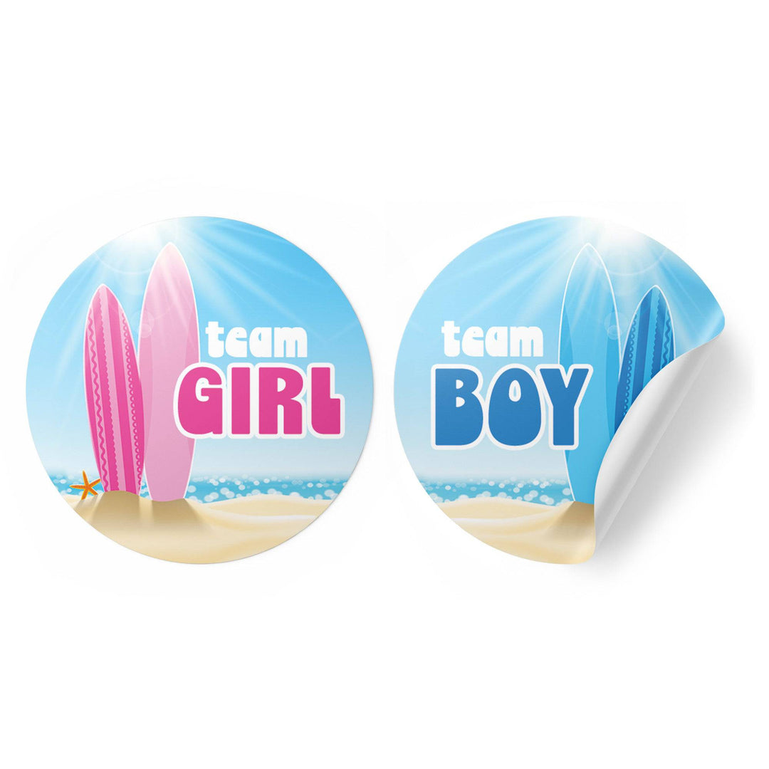 Baby on Board: Gender Reveal Party - Team Boy or Team Girl, Surf Themed - 40 Stickers - Distinctivs Party
