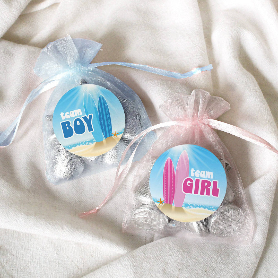 Baby on Board: Gender Reveal Party - Team Boy or Team Girl, Surf Themed - 40 Stickers - Distinctivs Party