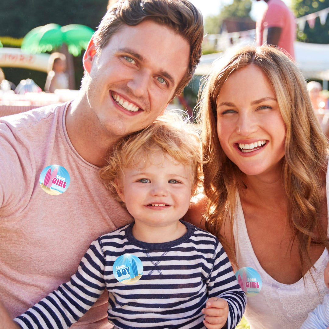 Baby on Board: Gender Reveal Party - Team Boy or Team Girl, Surf Themed - 40 Stickers - Distinctivs Party