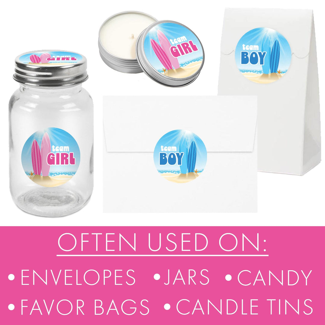 Baby on Board: Gender Reveal Party - Team Boy or Team Girl, Surf Themed - 40 Stickers - Distinctivs Party