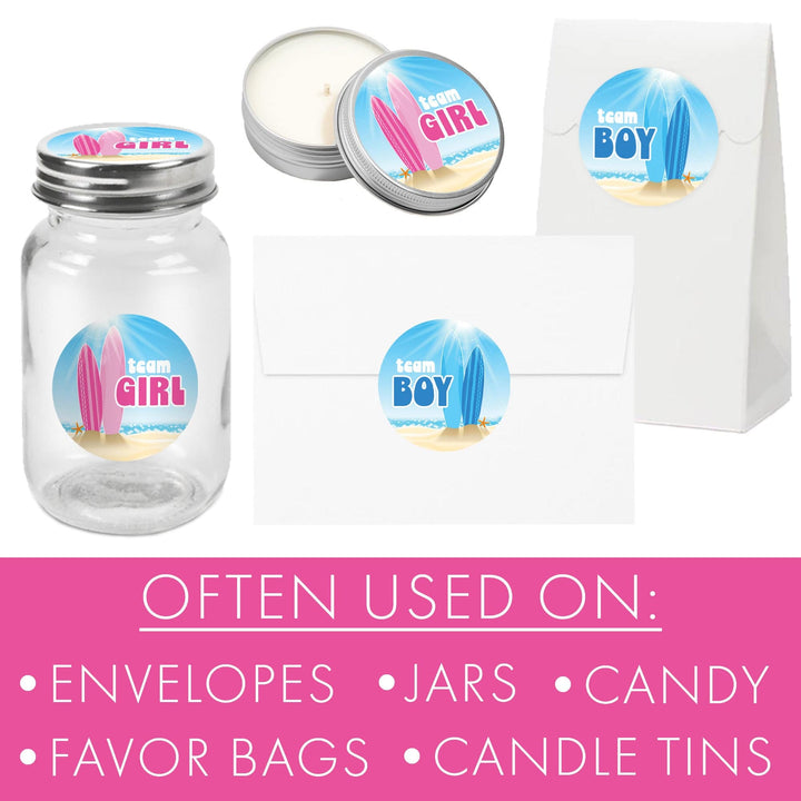Baby on Board: Gender Reveal Party - Team Boy or Team Girl, Surf Themed - 40 Stickers - Distinctivs Party