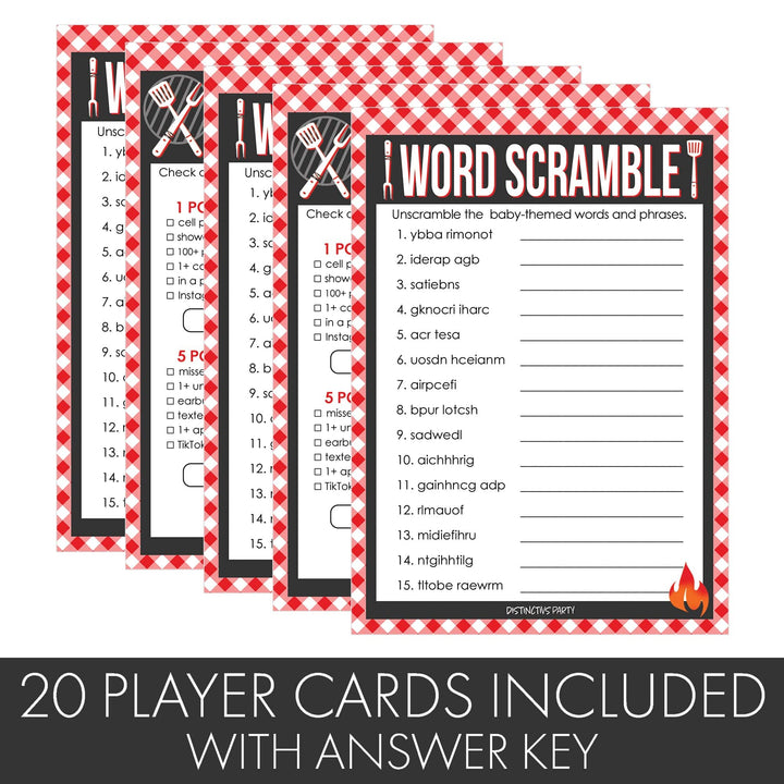 Baby-Q: Summer Barbecue Baby Shower Games- What's On Your Phone and Word Scramble - Two Game Bundle - 20 Dual Sided Cards - Distinctivs Party