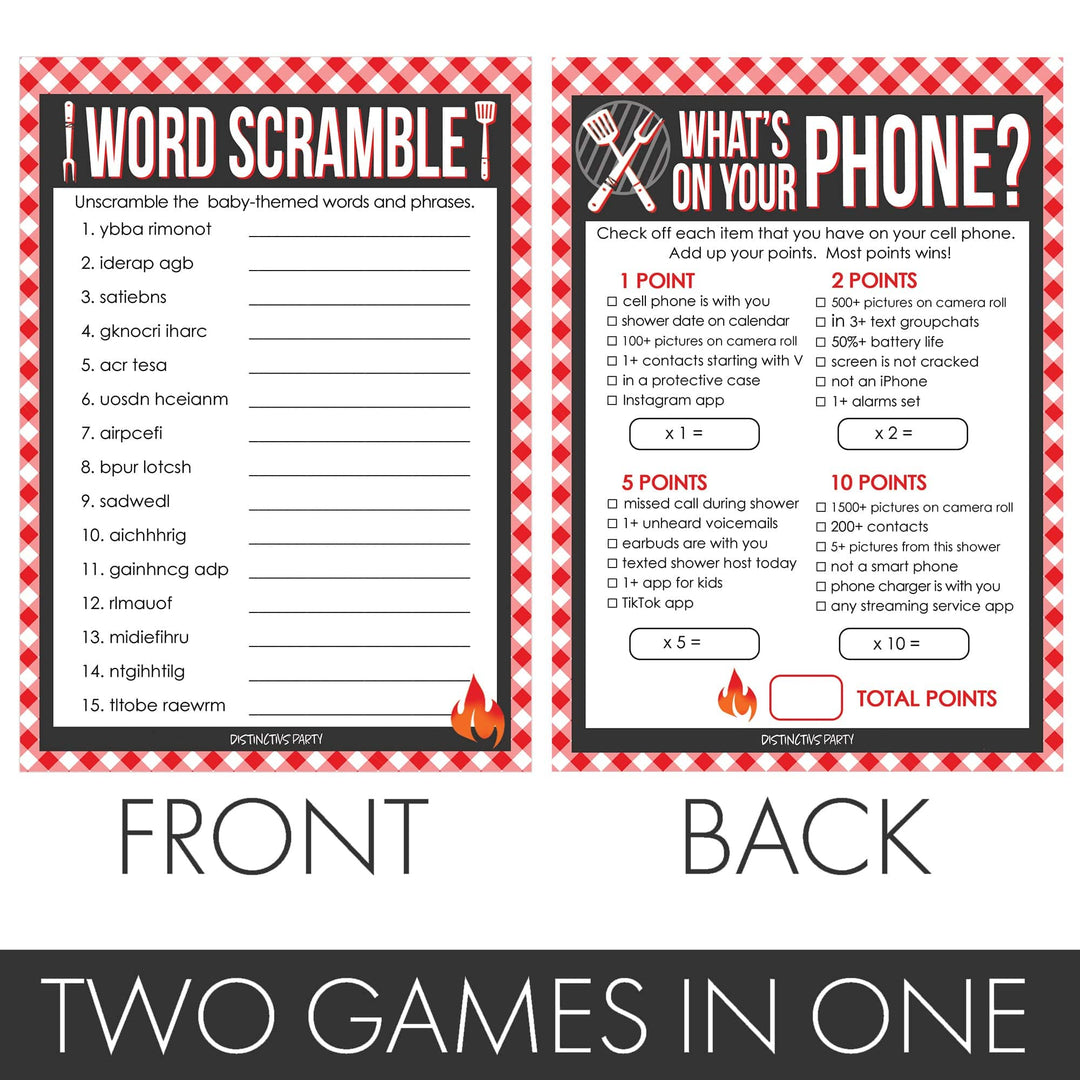 Baby-Q: Summer Barbecue Baby Shower Games- What's On Your Phone and Word Scramble - Two Game Bundle - 20 Dual Sided Cards - Distinctivs Party