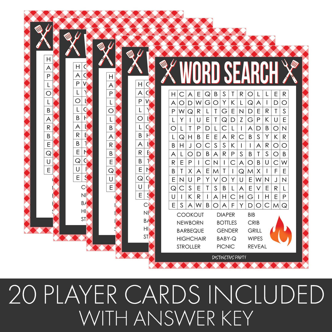 Baby-Q: Summer Barbecue Baby Shower Games - Word Search - 20 Player Cards - Distinctivs Party