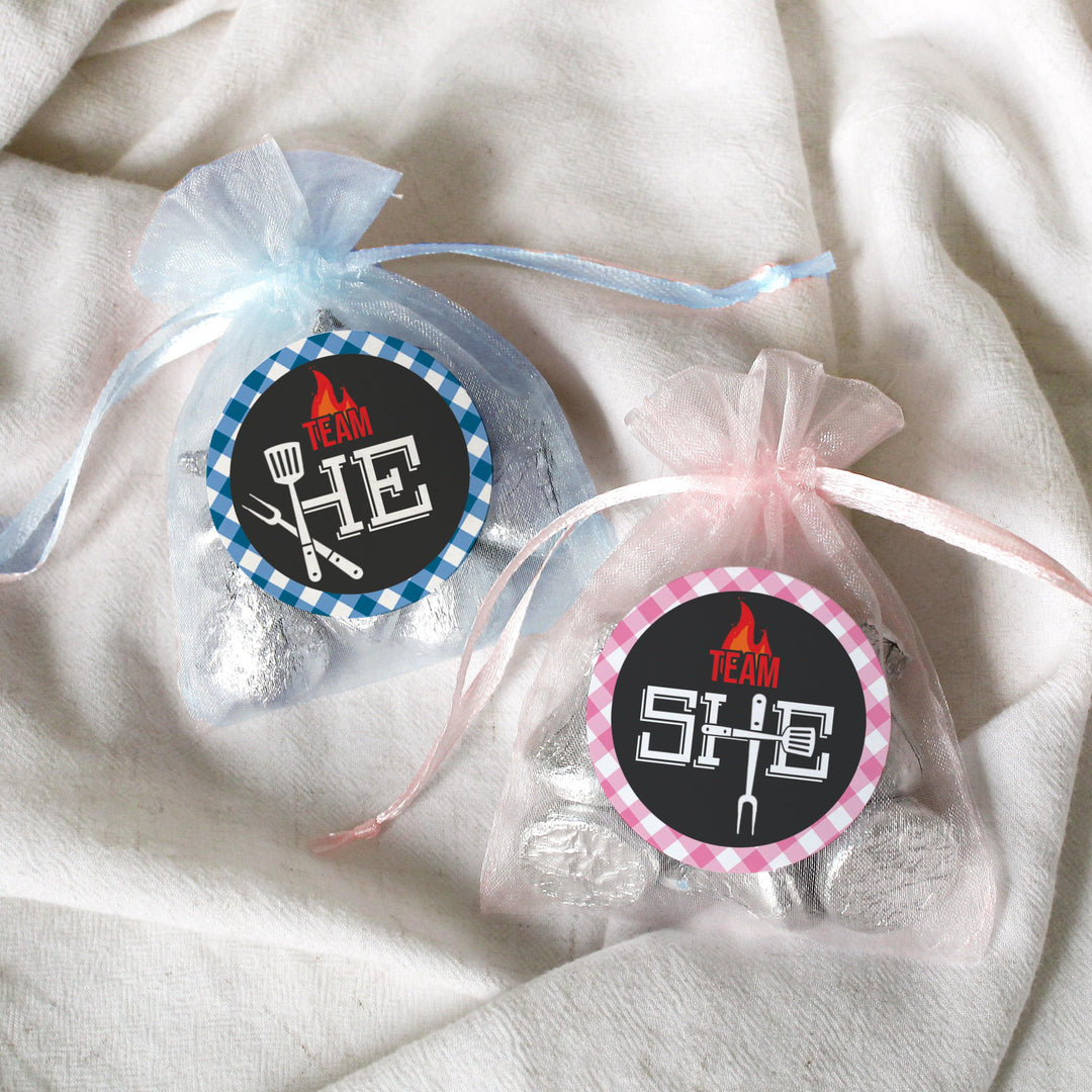 Baby-Q: Summer Barbecue Gender Reveal Baby Shower - Team He or Team She Stickers - 40 Stickers - Distinctivs Party