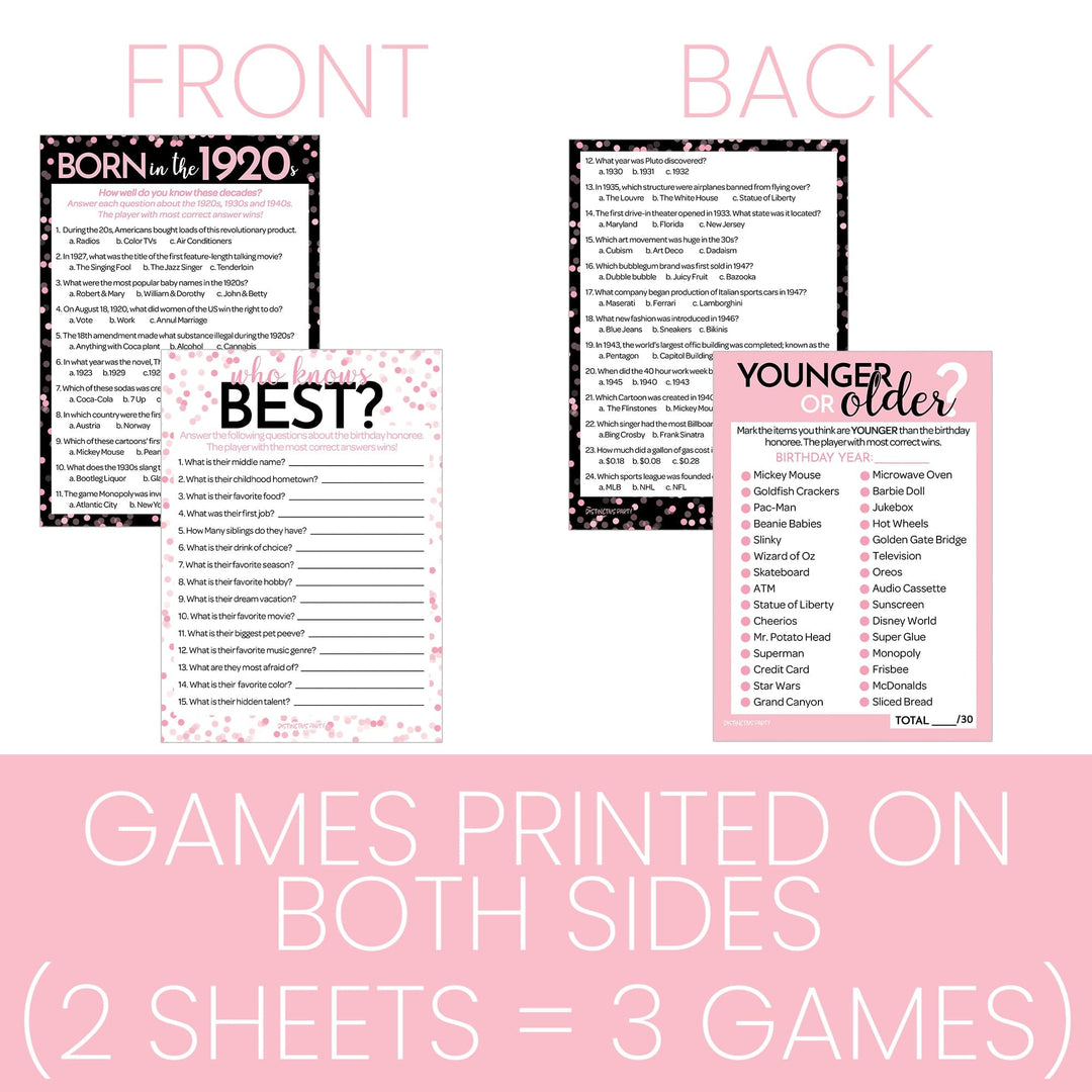 Born in The 1920s Pink - 100th or 105th Birthday Party Game Bundle - 3 Games for 20 Guests - Distinctivs Party