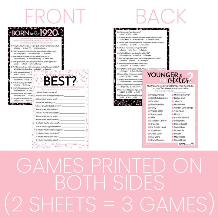 Born in The 1920s Pink - 100th or 105th Birthday Party Game Bundle - 3 Games for 20 Guests - Distinctivs Party