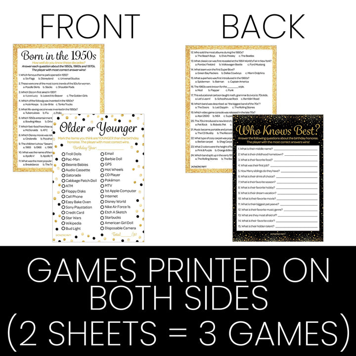 Born in The 1950s Black & Gold - 70th or 75th Birthday Party Game Bundle - 3 Games for 20 Guests - Distinctivs Party