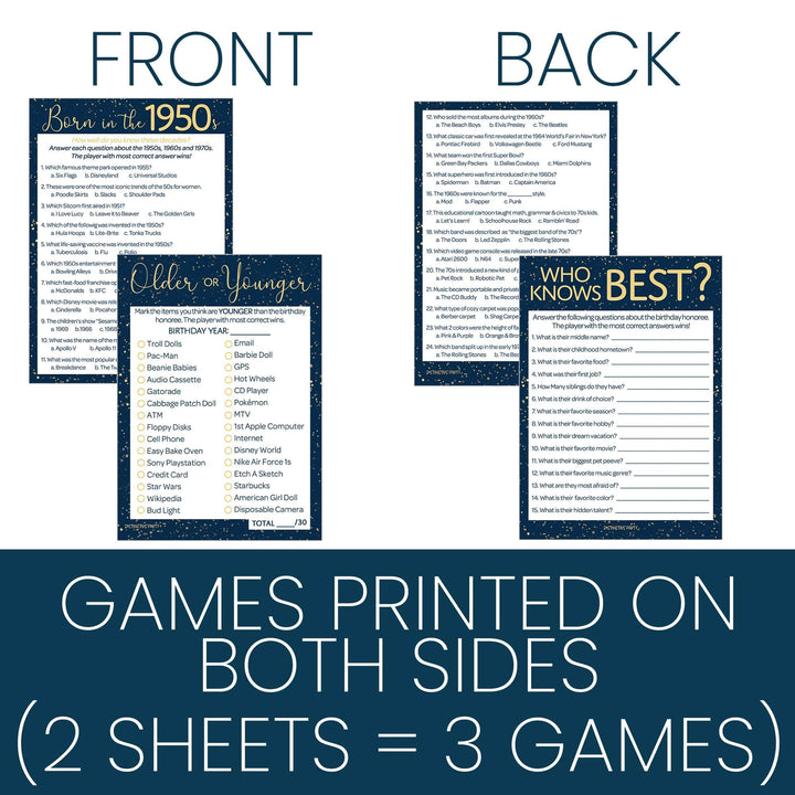 Born in The 1950s: Navy Blue & Gold - 70th or 75th Birthday Party Game Bundle - 3 Games for 20 Guests - Distinctivs Party