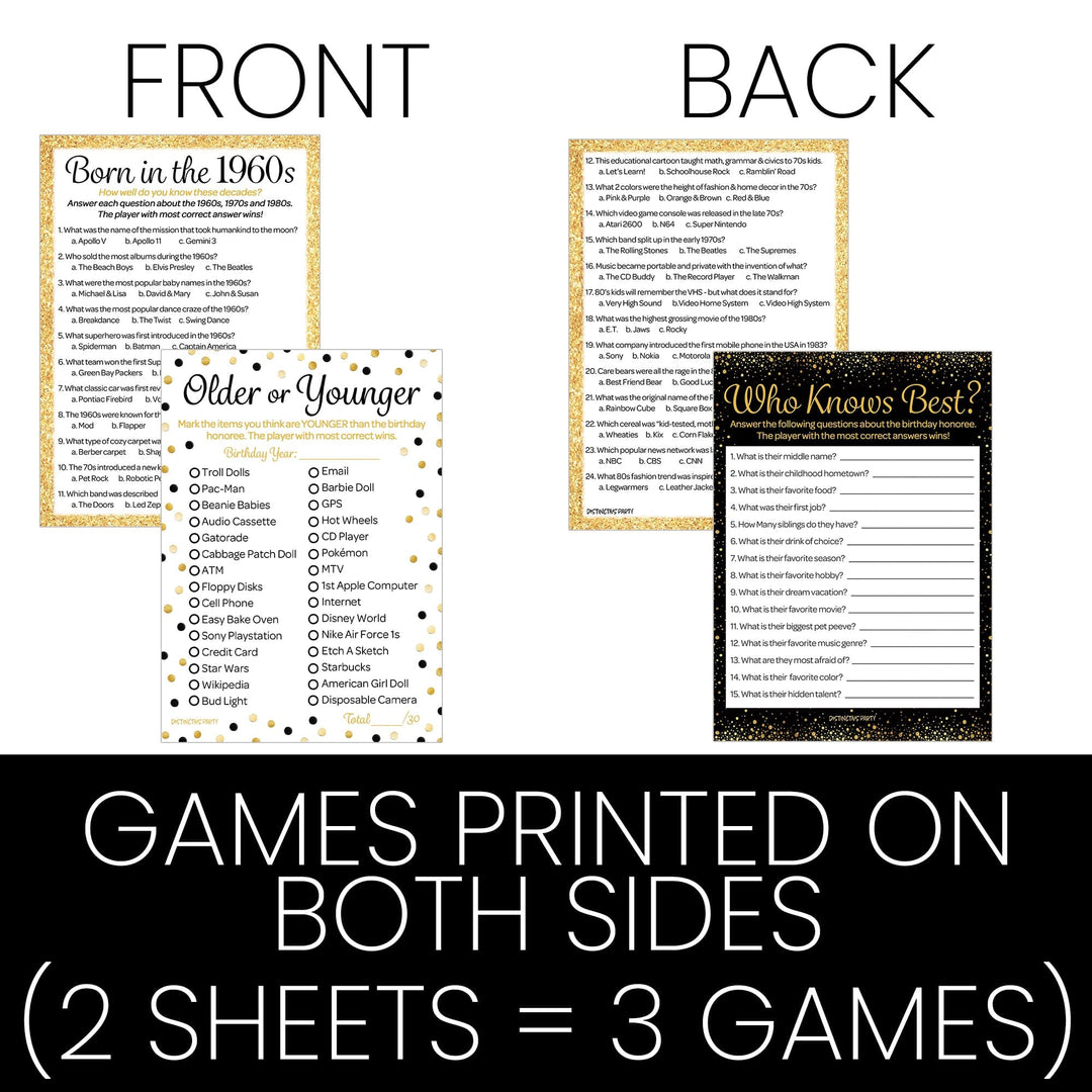 Born in The 1960s Black & Gold - 60th or 65th Birthday Party Game Bundle - 3 Games for 20 Guests - Distinctivs Party