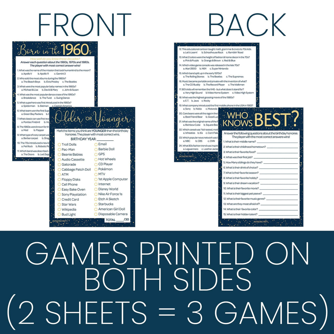 Born in The 1960s: Navy Blue & Gold - 60th or 65th Birthday Party Game Bundle - 3 Games for 20 Guests - Distinctivs Party