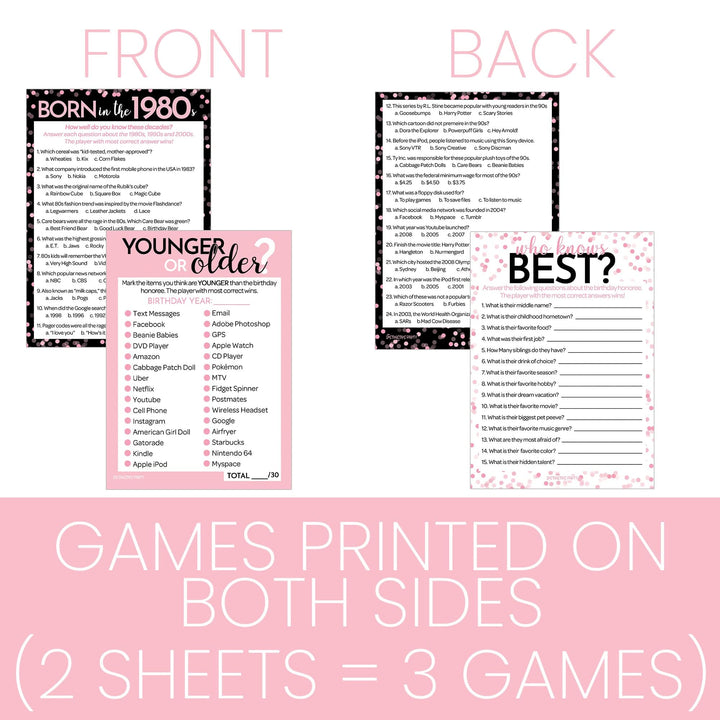 Born in The 1980s Pink & Black - 40th, 45th Birthday Party Game Bundle - 3 Games for 20 Guests - Distinctivs Party