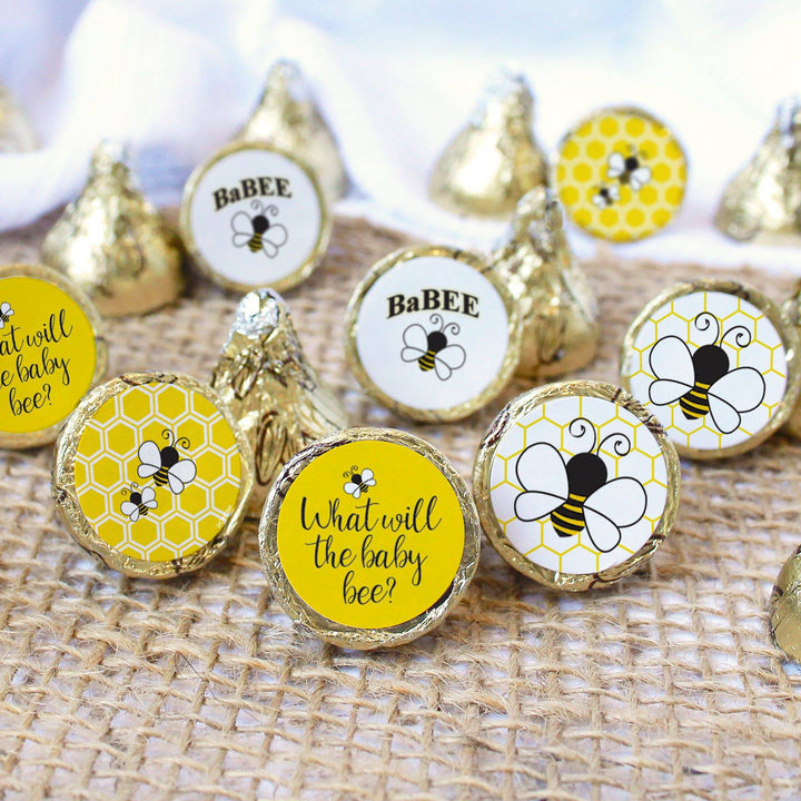 Bumble Bee: Gender Reveal Party - Favor Stickers - Fits on Hershey's Kisses - What Will Baby Bee - 180 Stickers - Distinctivs Party