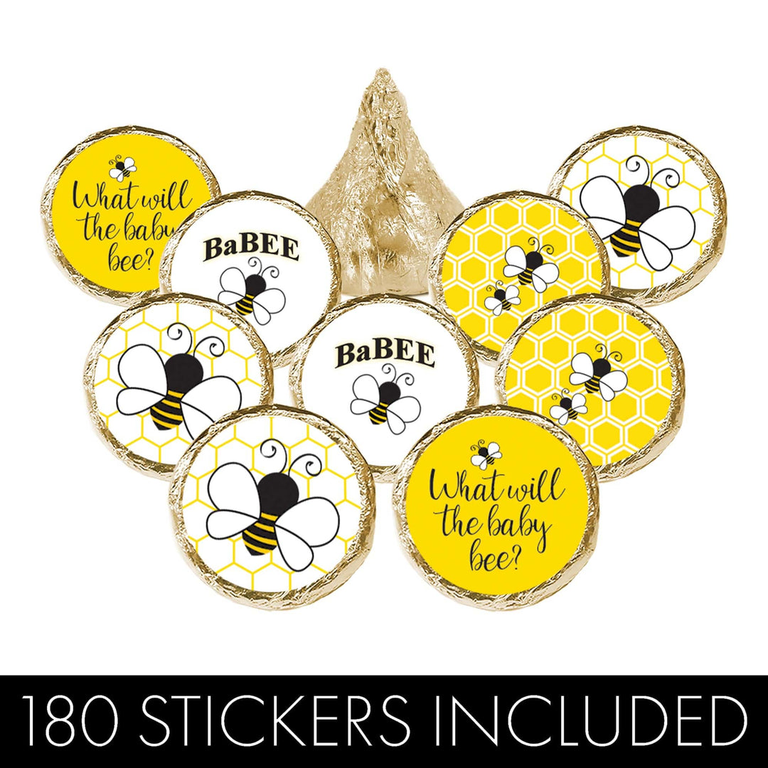 Bumble Bee: Gender Reveal Party - Favor Stickers - Fits on Hershey's Kisses - What Will Baby Bee - 180 Stickers - Distinctivs Party