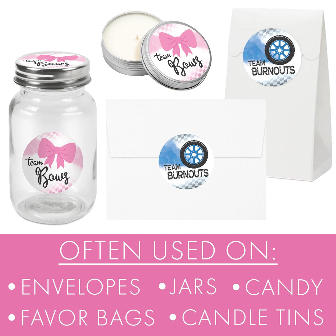 Burnouts or Bows: Gender Reveal Party - Team Bows or Team Burnouts - 40 Stickers - Distinctivs Party