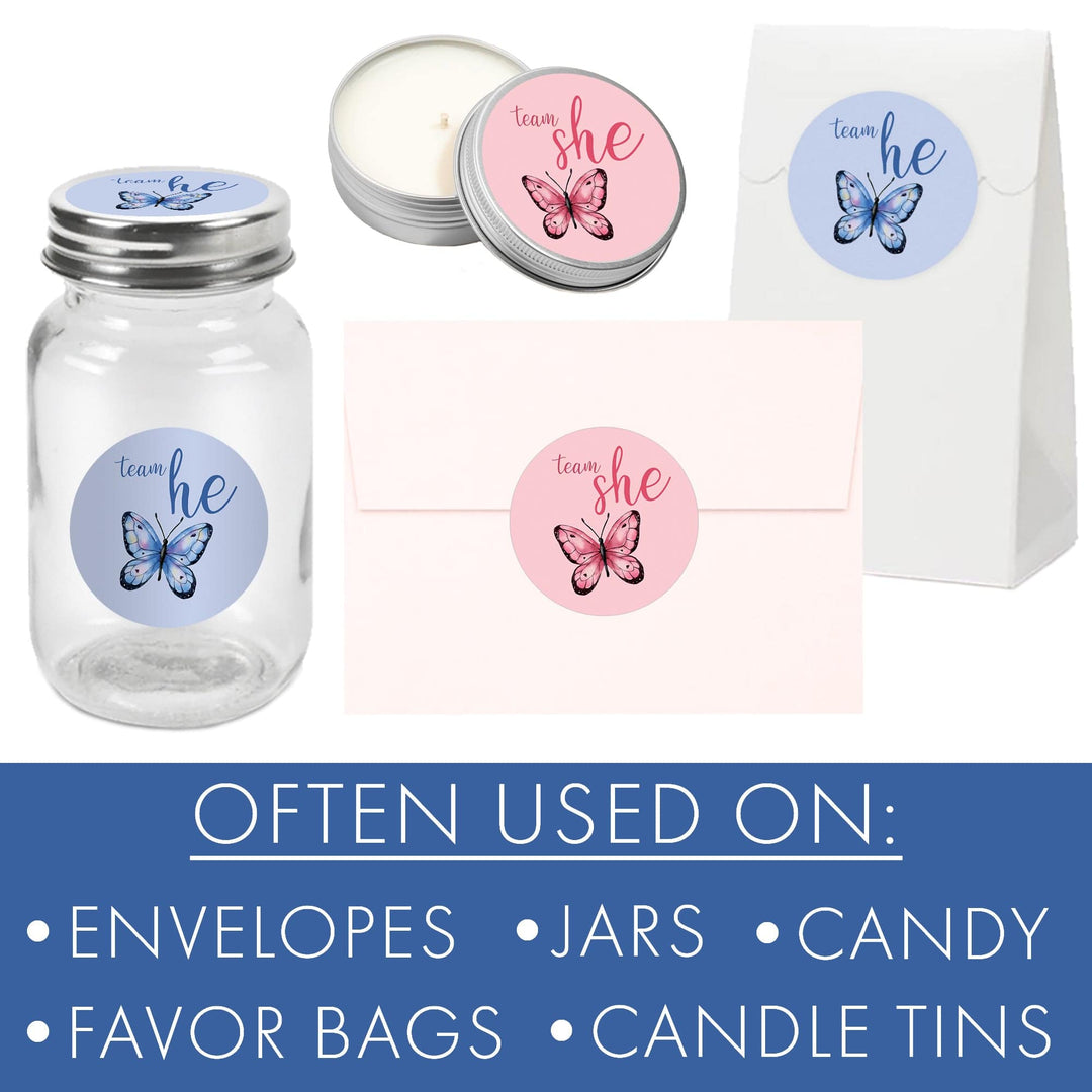 Butterfly on the Way: Baby Gender Reveal Party - He or She - 40 Stickers - Distinctivs Party