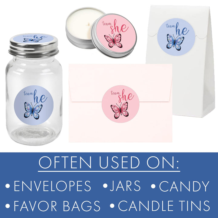 Butterfly on the Way: Baby Gender Reveal Party - He or She - 40 Stickers - Distinctivs Party