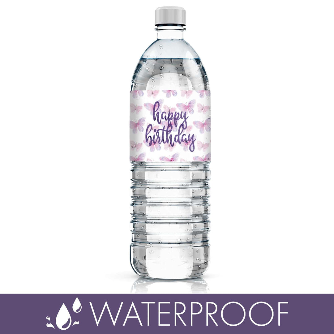Butterfly Wishes: Purple & Pink - Kid's Birthday  - Party Favor Stickers - Water Bottle Labels, Spring - 24 Waterproof Stickers - Distinctivs Party