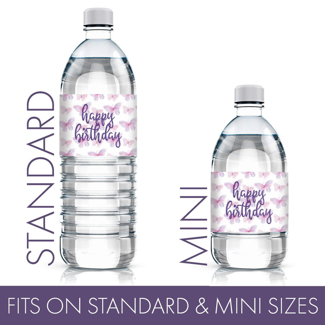 Butterfly Wishes: Purple & Pink - Kid's Birthday  - Party Favor Stickers - Water Bottle Labels, Spring - 24 Waterproof Stickers - Distinctivs Party