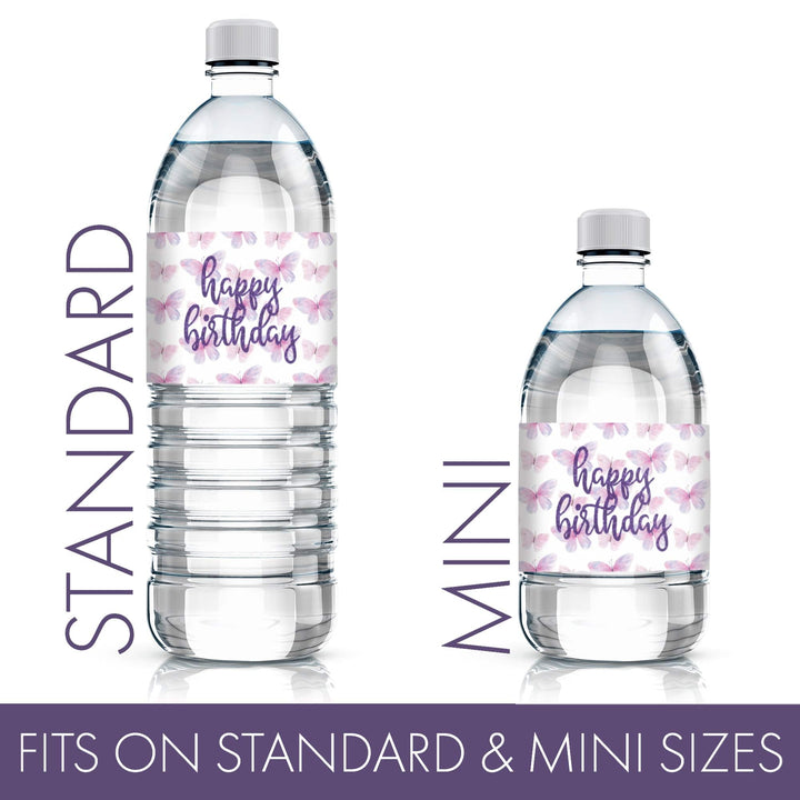 Butterfly Wishes: Purple & Pink - Kid's Birthday  - Party Favor Stickers - Water Bottle Labels, Spring - 24 Waterproof Stickers - Distinctivs Party