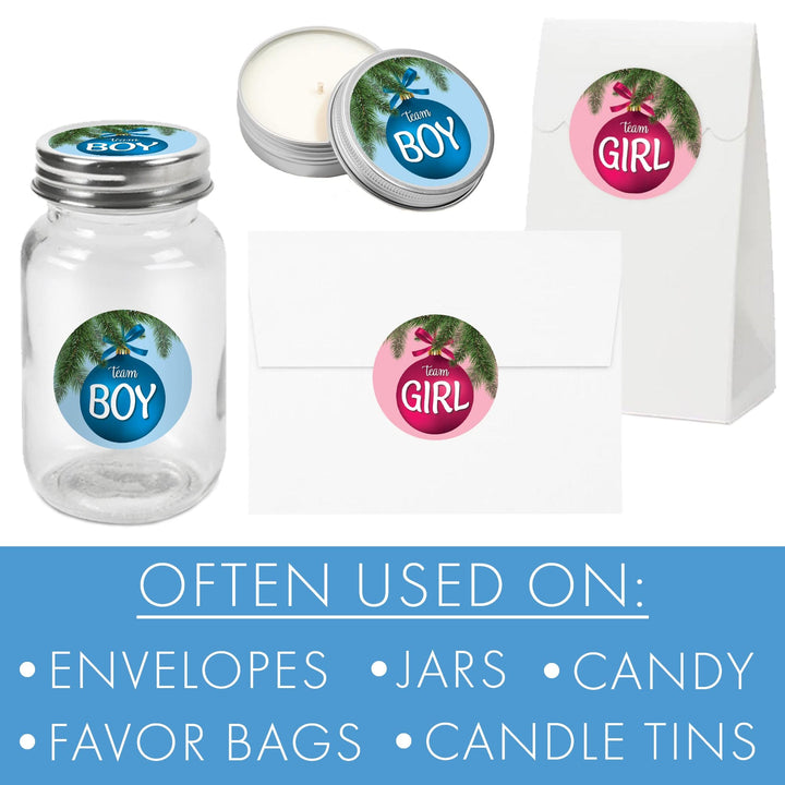 Christmas Ornament: Gender Reveal Party -Team Boy or Girl- 40 Stickers - Distinctivs Party