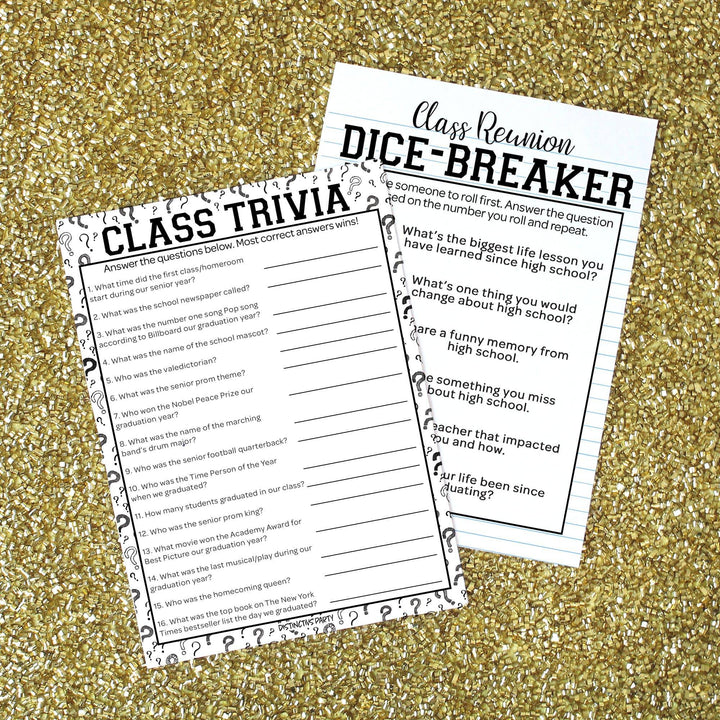 Class Reunion: Party Game Bundle - Class Trivia, Dice Breaker, Find Someone Who & Admin Memory - 4 Games for 20 Players - 40 Dual Sided Cards - Distinctivs Party
