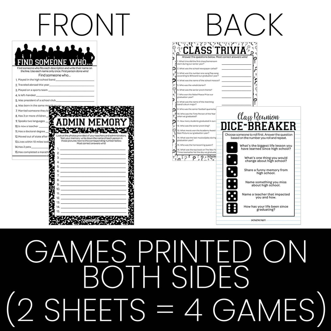 Class Reunion: Party Game Bundle - Class Trivia, Dice Breaker, Find Someone Who & Admin Memory - 4 Games for 20 Players - 40 Dual Sided Cards - Distinctivs Party
