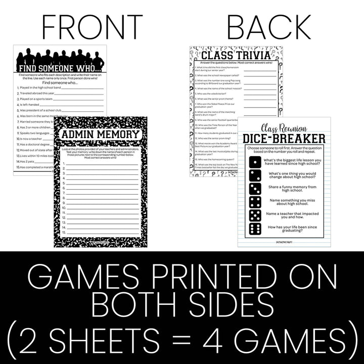 Class Reunion: Party Game Bundle - Class Trivia, Dice Breaker, Find Someone Who & Admin Memory - 4 Games for 20 Players - 40 Dual Sided Cards - Distinctivs Party