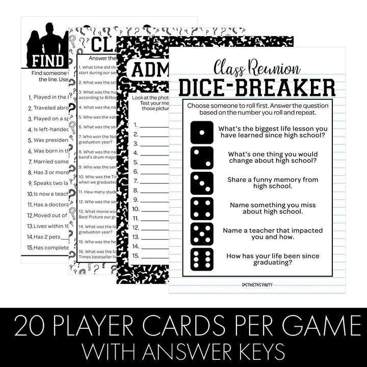 Class Reunion: Party Game Bundle - Class Trivia, Dice Breaker, Find Someone Who & Admin Memory - 4 Games for 20 Players - 40 Dual Sided Cards - Distinctivs Party