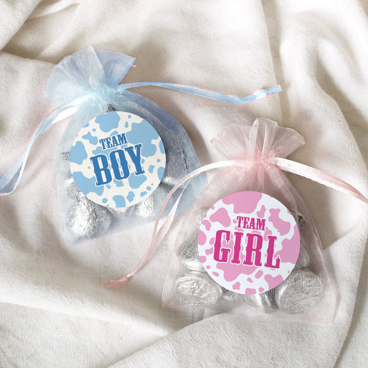 Cow print: Gender Reveal Party - Team Boy or Team Girl - 40 Stickers - Distinctivs Party