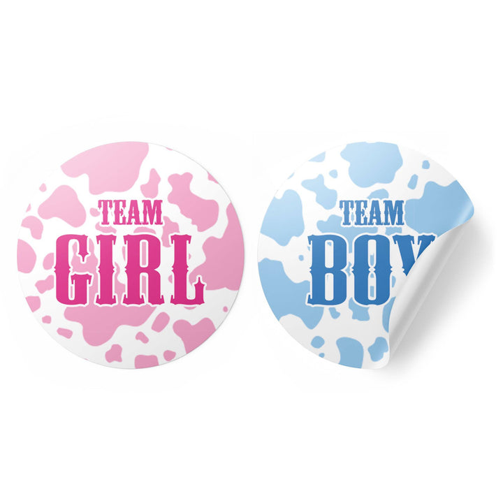 Cow print: Gender Reveal Party - Team Boy or Team Girl - 40 Stickers - Distinctivs Party