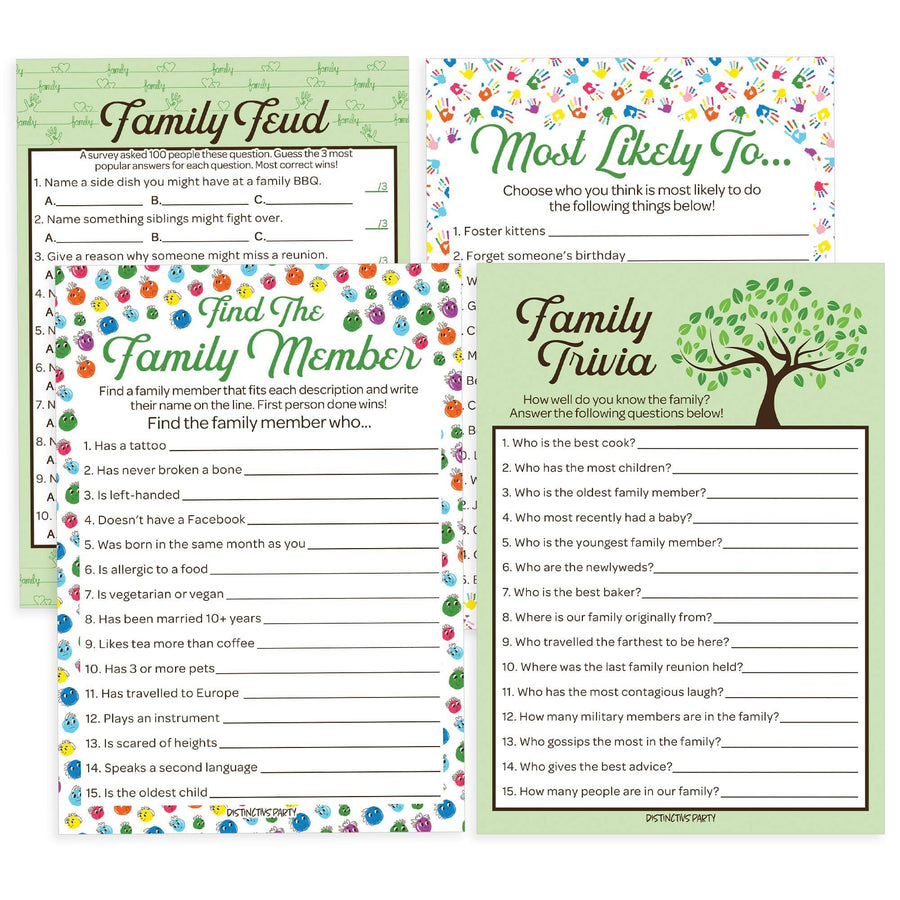 Family Reunion: Party Game Bundle - Family Trivia, Most Likely To, Family Feud & Find the Family Member - 4 Games for 20 Players - 40 Dual Sided Cards - Distinctivs Party
