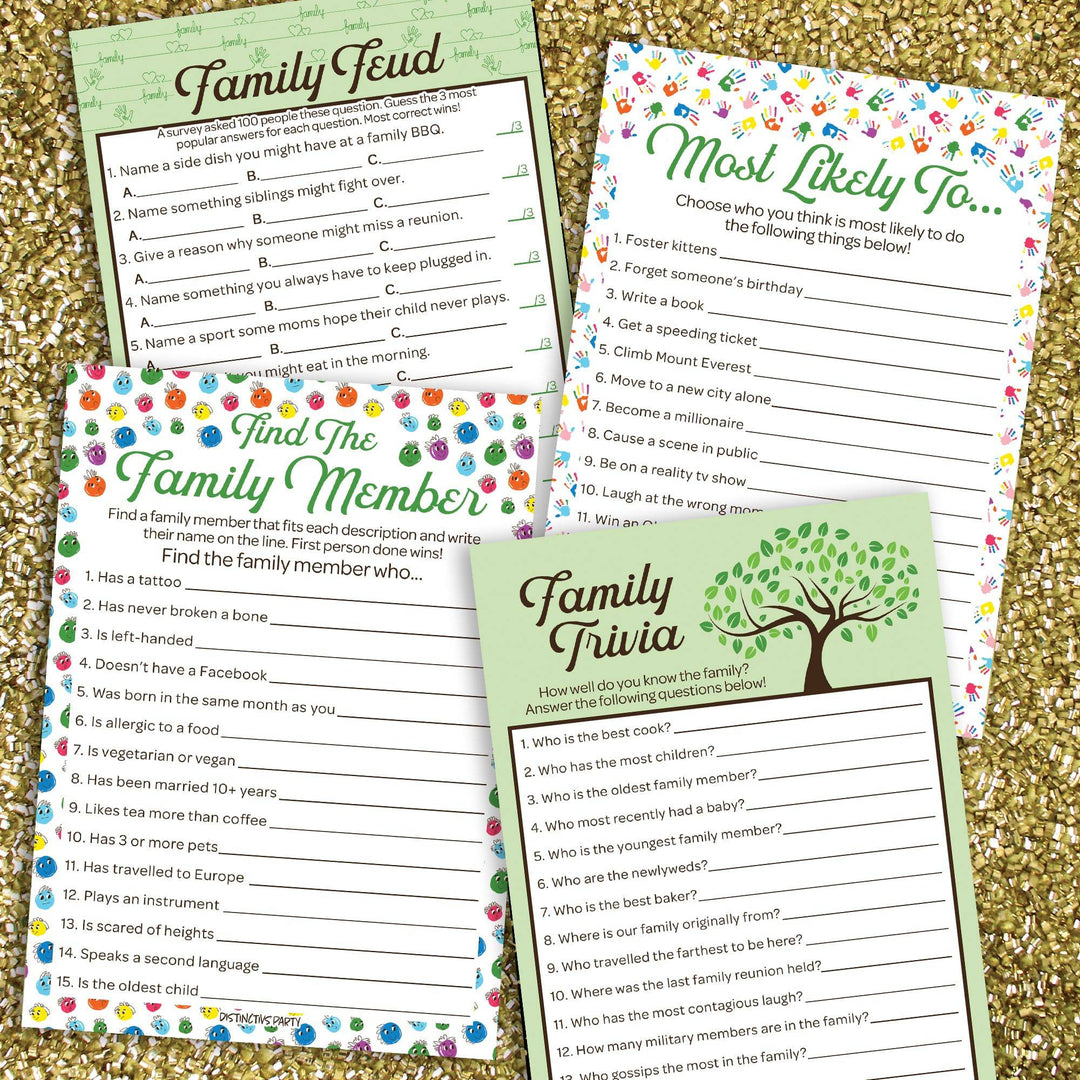 Family Reunion: Party Game Bundle - Family Trivia, Most Likely To, Family Feud & Find the Family Member - 4 Games for 20 Players - 40 Dual Sided Cards - Distinctivs Party