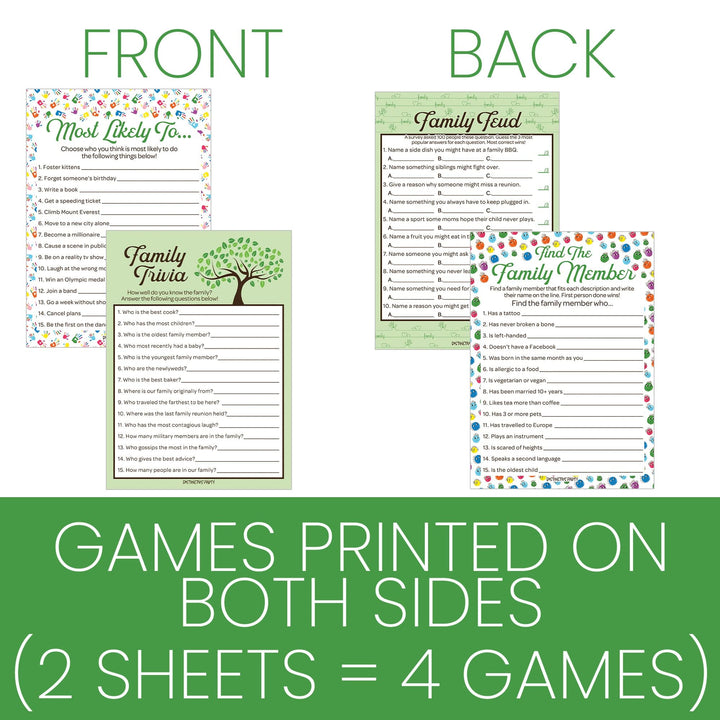 Family Reunion: Party Game Bundle - Family Trivia, Most Likely To, Family Feud & Find the Family Member - 4 Games for 20 Players - 40 Dual Sided Cards - Distinctivs Party
