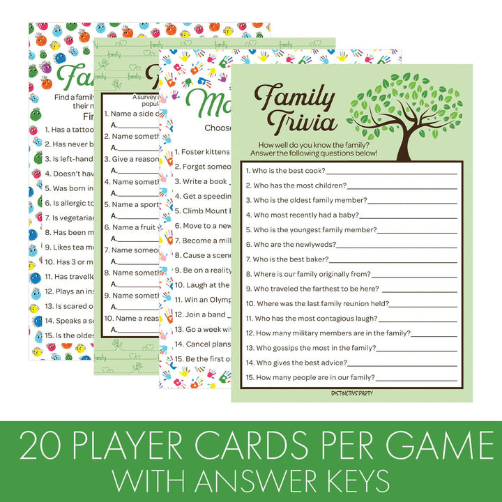 Family Reunion: Party Game Bundle - Family Trivia, Most Likely To, Family Feud & Find the Family Member - 4 Games for 20 Players - 40 Dual Sided Cards - Distinctivs Party